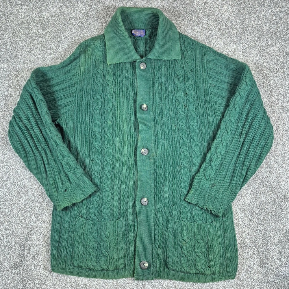 Vintage Pendleton Cardigan Sweater Mens Large Green Virgin Wool Cable Knit USA